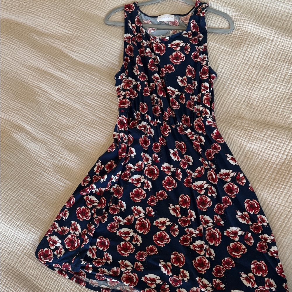 French Grey Navy Floral Sleeveless Dress with Red and Cream Roses